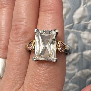 Nolan Miller Brilliant Emerald-Cut Crystal Cocktail Ring with Gold Heart Accents